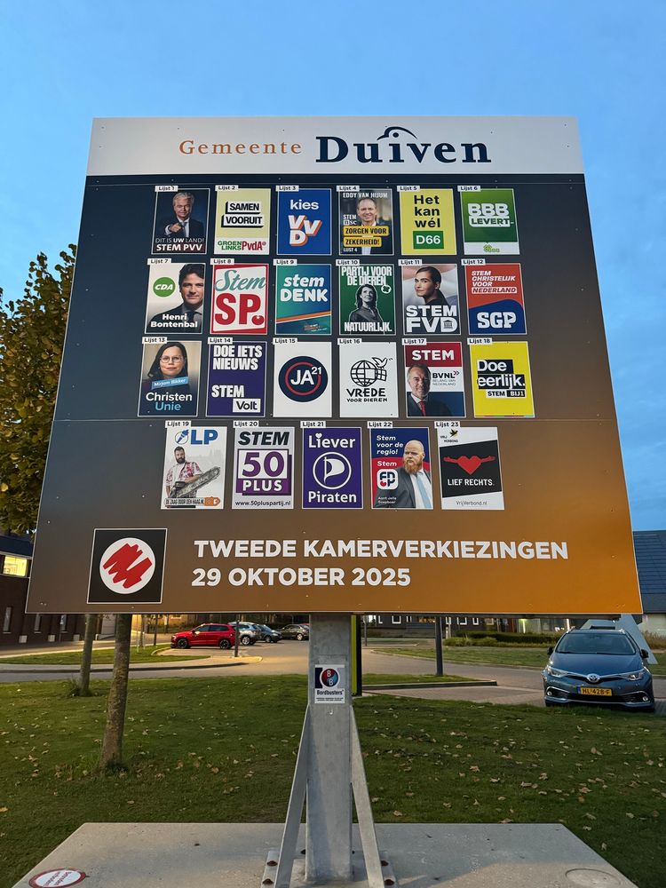 Sign for the Dutch general election showing all 23 political parties that can be voted for in my municipality 