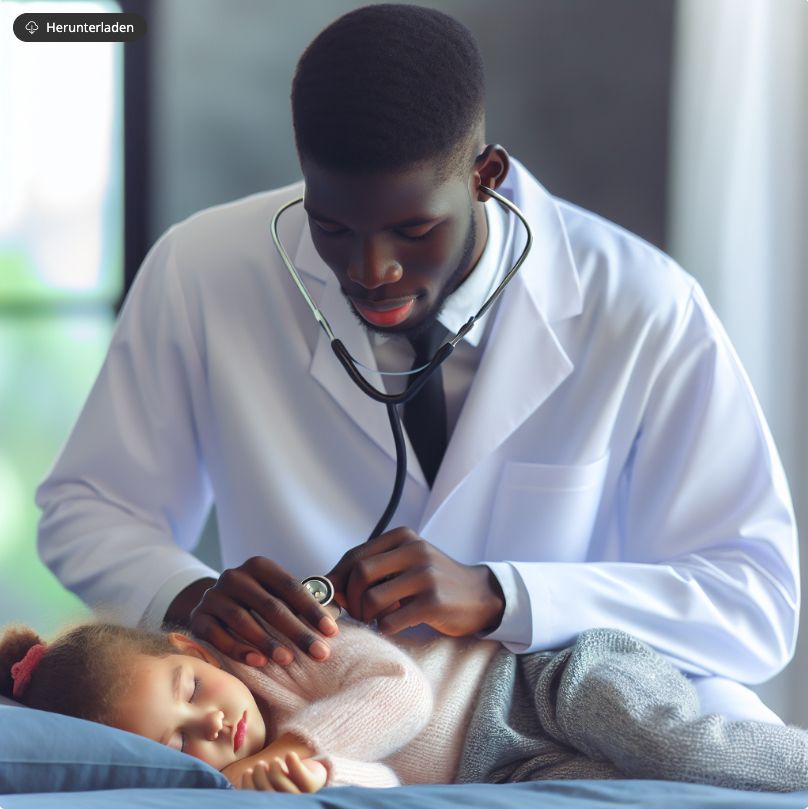 eingegebener Prompt für das Bild: Zeichne ein Bild von einem afrikanischen, schwarzen Arzt, der ein weißes, krankes Kind behandelt.