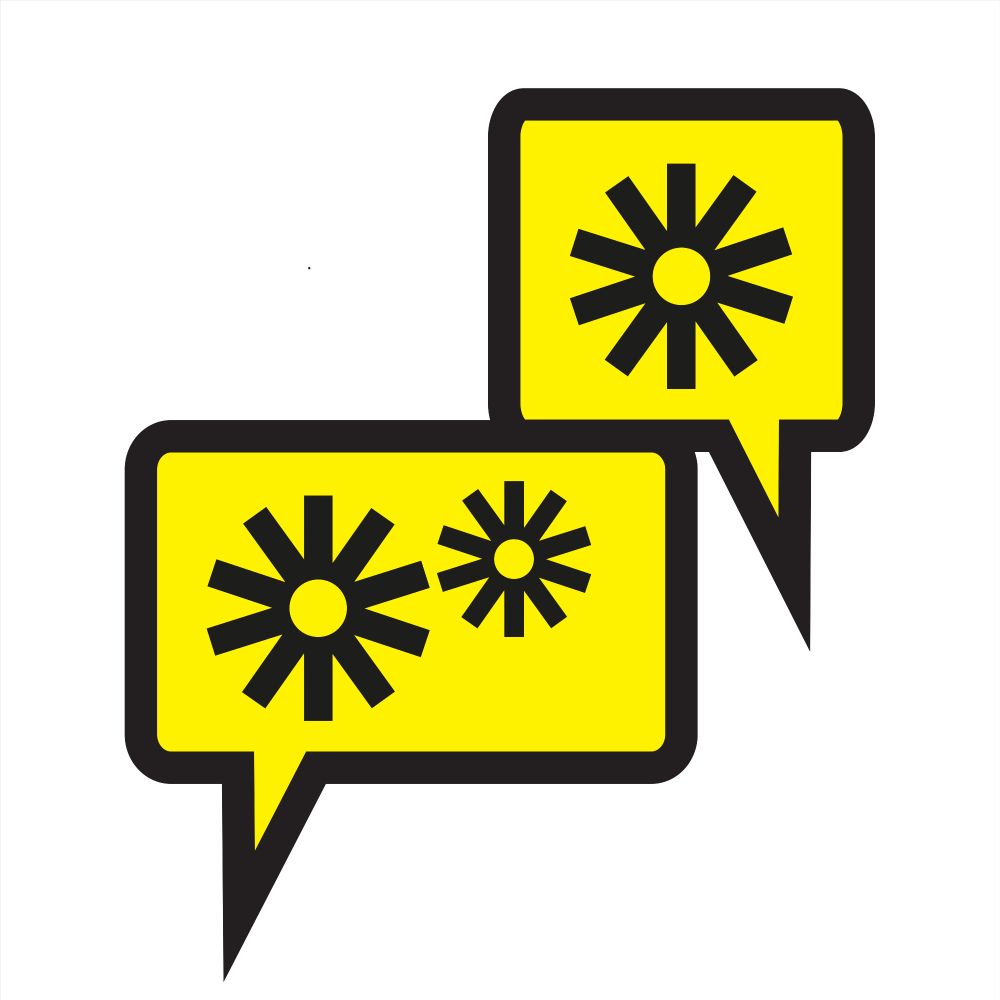 Two yellow speech bubbles on white backdrop, in the bubbles are GMCDP cogs.