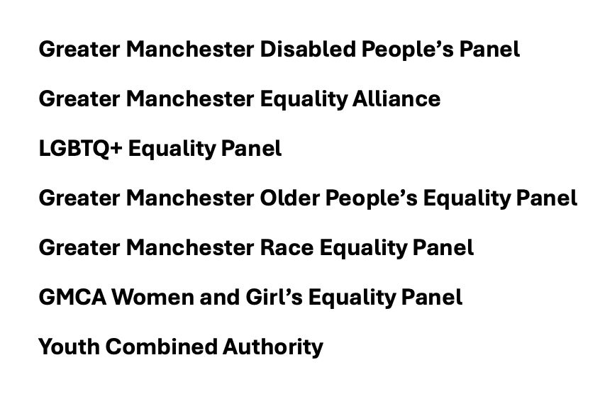 Greater Manchester Disabled People’s Panel
Greater Manchester Equality Alliance
LGBTQ+ Equality Panel
Greater Manchester Older People’s Equality Panel
Greater Manchester Race Equality Panel
GMCA Women and Girl’s Equality Panel
Youth Combined Authority


