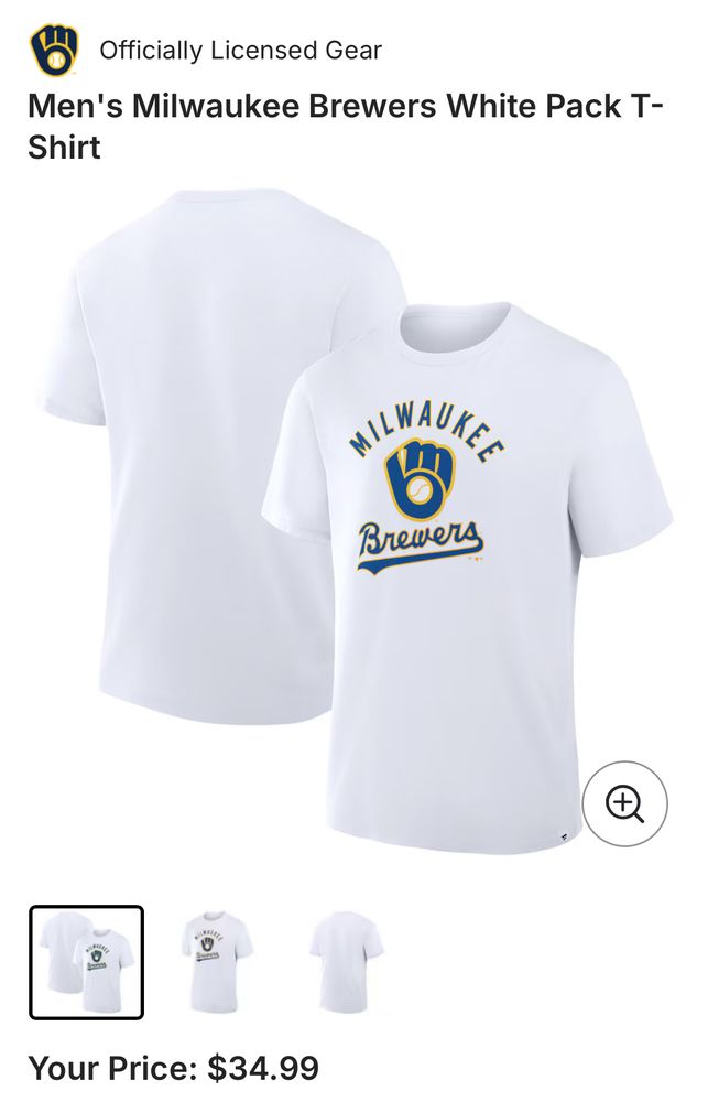 Screenshot of fanatics website, selling a basic team T-shirt for $34.99.