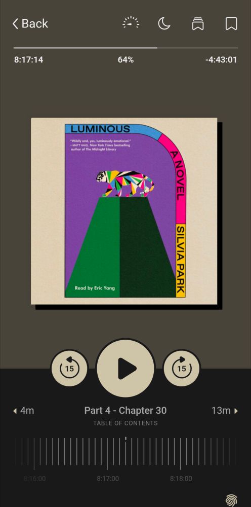 Image of audio book app showing Luminous by Silvia Park.

Progress mark is at 64 percent. part 4 - Chapter 30. 

 