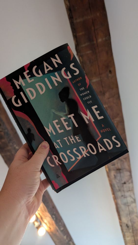 Alt text white hand holding a hardcover book, author Megan Giddings, author of the women could fly, title meet me at the Crossroads. The book cover depicts a blue door with a figure touching what appears to be a reflection. Surrounding the door is a solid dark blue grey background, cut into be mauve flames, one of the cut outs is another figure 