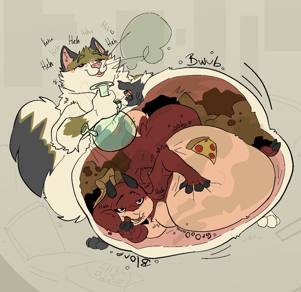 A tubby goat eating edibles and getting hot boxed inside the gut of a large stoned catfox