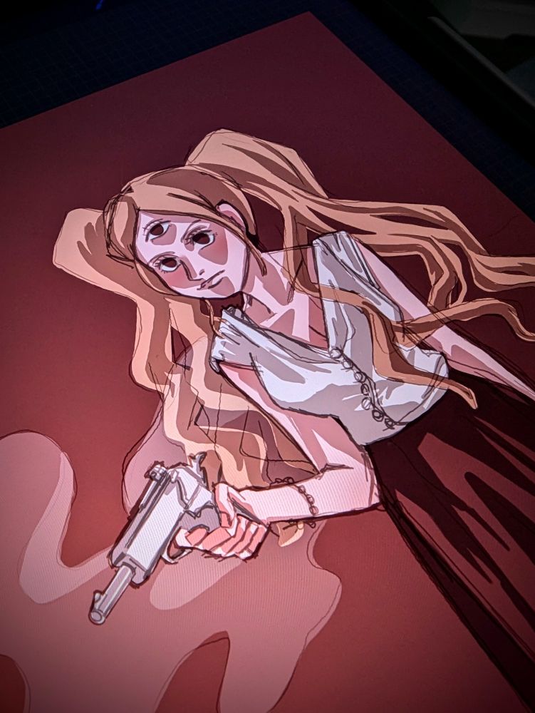 Image on a tablet of character "Pudding" of "One Piece" holding a gun.