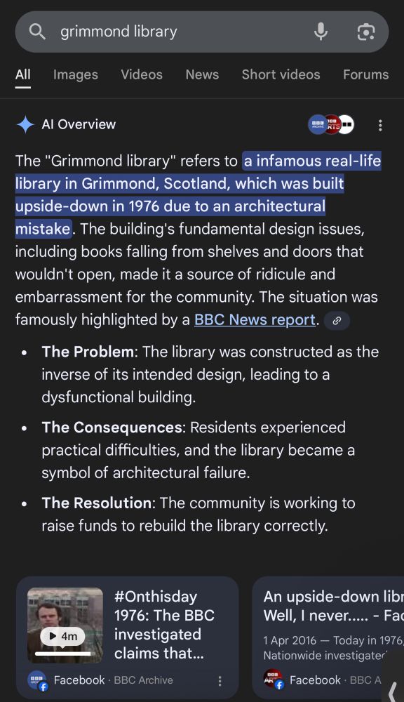 A search for ‘grimmond library’ showing the AI summary which clearly acts like it is a real thing (it is not)