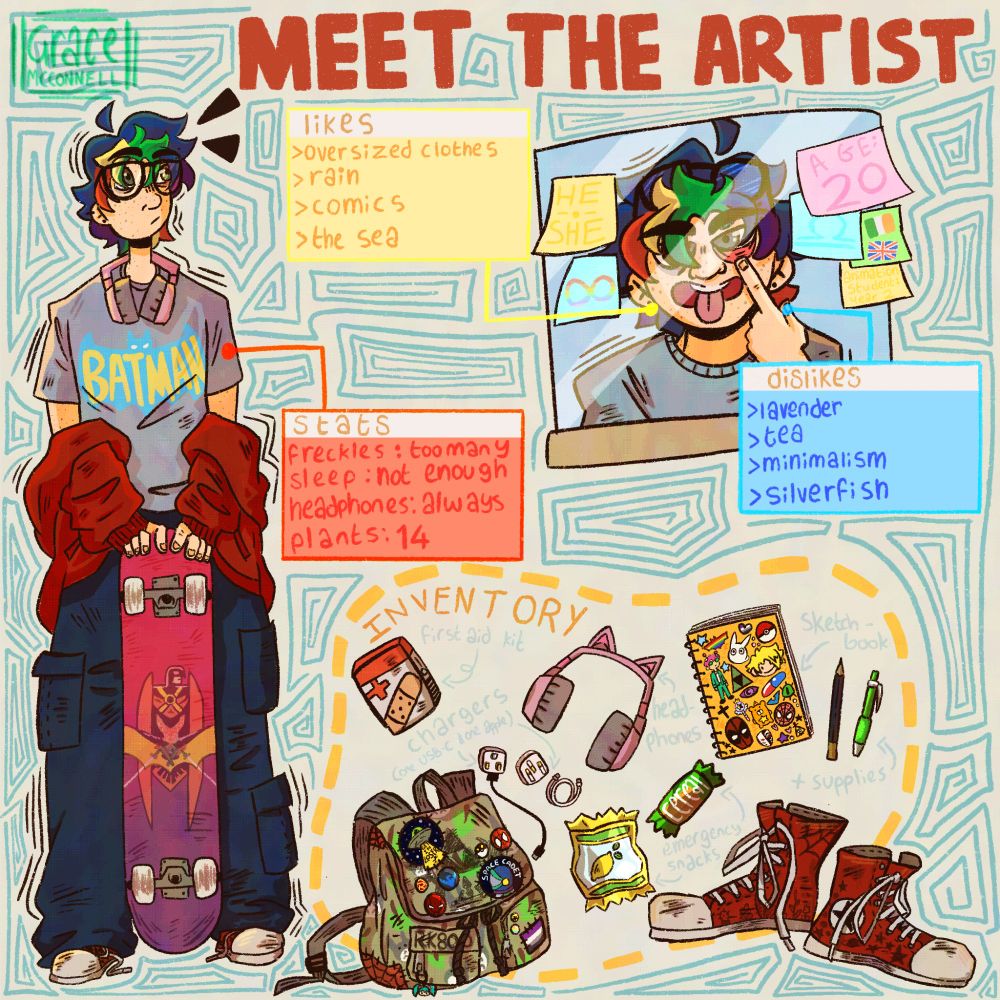 An info sheet about Grace McConnell. There is a full-body illustration of her resting her hands on top of her skateboard on the left-hand side. Red text reads "MEET THE ARTIST" at the top of the page. An illustration of Grace as if a mirror reflection is underneath this with various post-its around it with "HE - SHE" and "animation student: year 2", as well as the neurodivergency symbol, the Libra symbol, and the irish flag and union flag. there are 3 text boxes with bullet point lists.. the first labelled "likes" has "oversized clothes, rain, comics, the sea". The "dislikes" textbox reads "lavender, tea, minimalism, silverfish". the "stats" box reads "freckles: too many; sleep: not enough; headphones: always; plants: 14". 
An inventory section is at the bottom. It contains a backpack with various buttons and a pair of red converse. There are various other items with the labels "first aid kit", "headphones", "chargers(one USB-C & one apple)", "sketchbook", "+supplies", and "emergency snacks". the blank space surrounding the illustrations is filled with angular turquoise spirals.