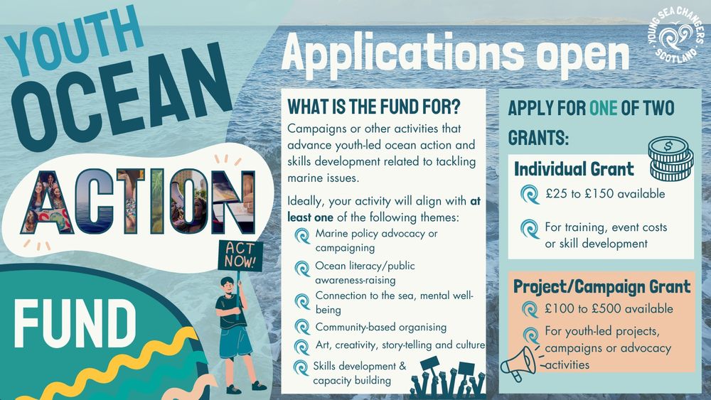 Image detailing the Youth Ocean Action Fund. At the top it says Applications are open with two boxes below. The first, in white, says 'What is the fund for?' and describes campaign and advocacy activities that might fit the fund. The second box, in blue, details the two types of grant available - Individual £25 to £150 and Project/Campaign £100 to £500 available.