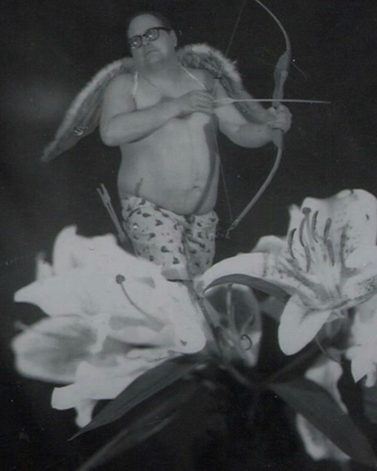 fat kid (me) dressed as Cupid in a flower… double exposure black and white photo