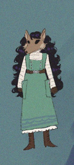 A cartoony doodle of Hannele by myself. Hannele's features are obscured aside from their long curly black hair. Hannele wears a fawn coloured fox mask. Hannele has on a cream lacy blouse, brown gloves and a plaited brown belt, a sage green 3/4 length pinafore with blue hem detailing and a white petticoat underneath, and brown lace up boots. They stand against a blue background.