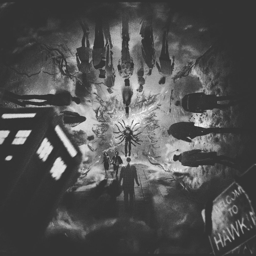 A black and white teaser cover that includes elements of the shows Stranger Things, Doctor Who and Severance.