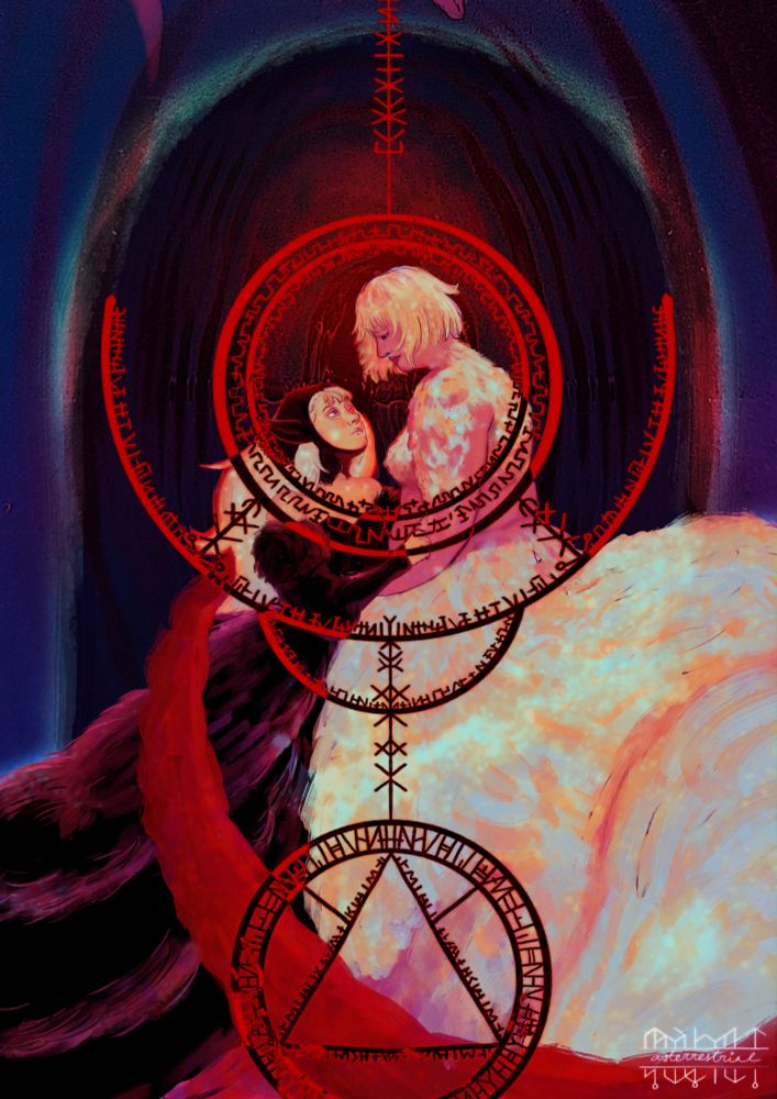 Digital art of Chimera Falin and Marcille from Dungeon Meshi holding each other. Marcille is in her Dungeon Lord outfit. The spell circles Marcille used to resurrect Falin are in front of them splattered in red. Their faces are framed inside one of the circles.