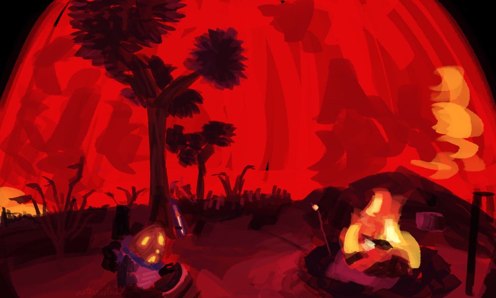 Digital screenshot redraw of Chert from Outer Wilds. They are sitting in their usual spot on Ember Twin, in front of the campfire. Behind them, the sun looks large and is starting to turn a reddish color.
