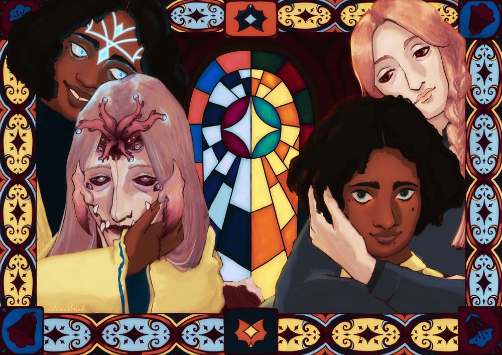 Digital art of original characters Carrion and Reynard. Carrion is thin, pale and has long straight red hair. Reynard is a black woman with a dark curly bob. They both appear twice, younger on the right with Carrion looking over Reynard and holding her fondly, and older and transformed on the left with their positions reversed. Future Reynard has glowing blue eyes and marks on her forehead. Future Carrion is larger and monster-like, having extra eyes, a line splitting their face, feelers with eyes coming from their forehead and a mouth with sharp teeth exposed that extends to their cheeks and ends in insect-like mandibles. One mandible is puncturing Reynard’s hand and there is blood dripping from it, but Reynard is still smiling. In the background between the young and old selves is a stained glass window. There is a medieval-inspired frame around the characters with floral motifs in the corners and symbols representing a fox in the centre, resembling Reynard’s forehead markings.