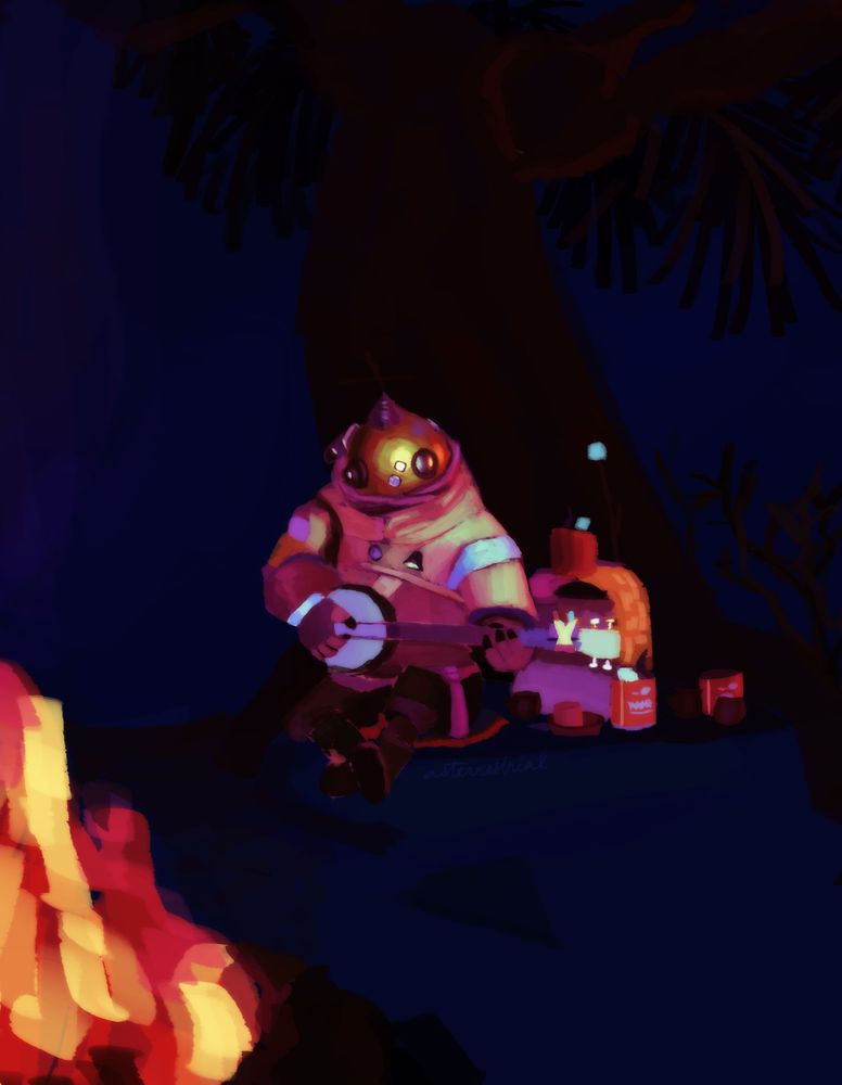 Digital screenshot redraw of Riebeck from Outer Wilds. They are in their usual spot on Brittle Hollow, wearing a spacesuit and playing banjo in front of a campfire.