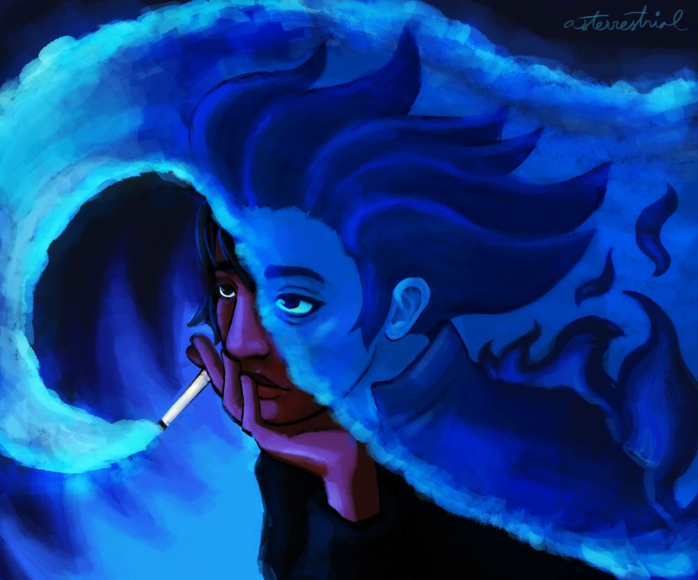 Digital art of a character, Silhouette, smoking. The smoke from the cigarette curls around them creating a mirage through which their "hero" form is visible, in which their hair and body is flame-like and melting into blue shadows.