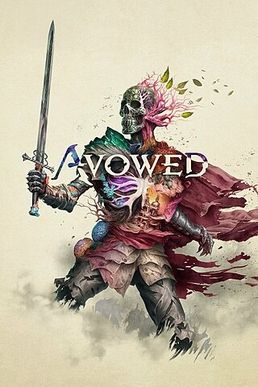 Avowed video game cover image portraying a warrior holding a sword mixed with natural elements