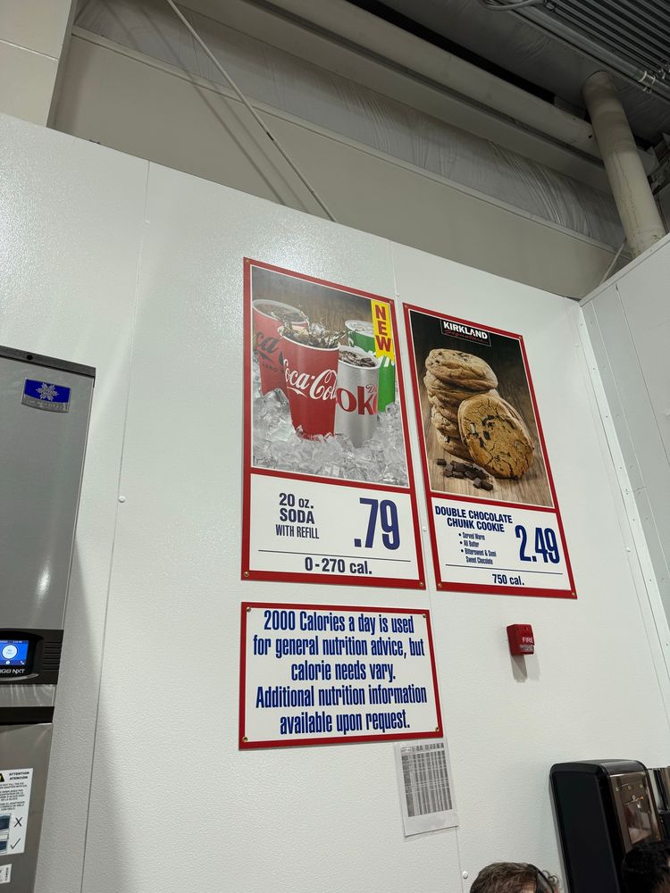 Costco food court sign, indicating Coke products being sold instead of Pepsi