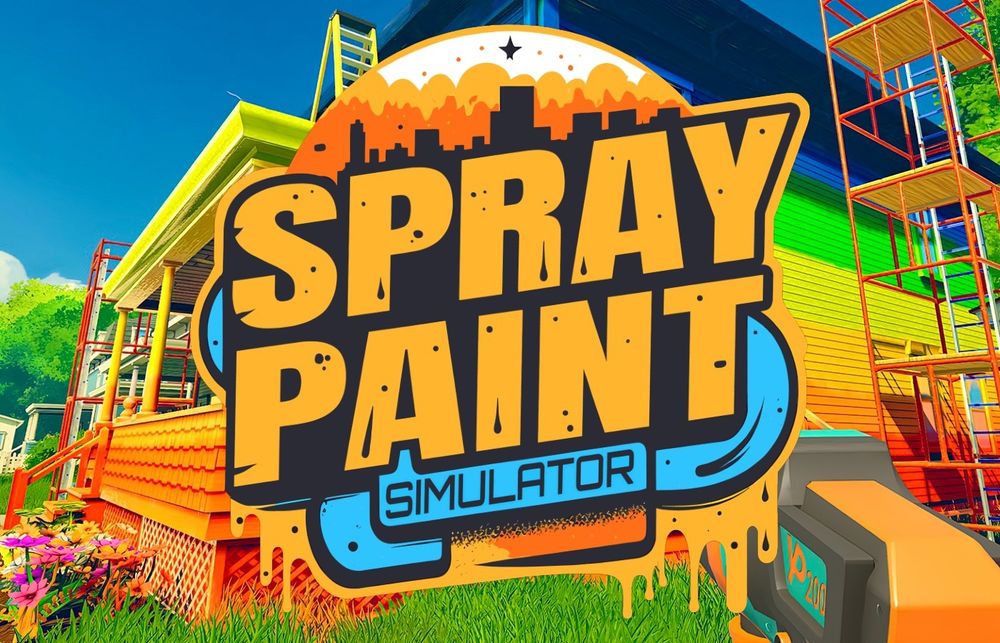 Spray Paint Simulator video game image depecting the logo and a multicolored house.