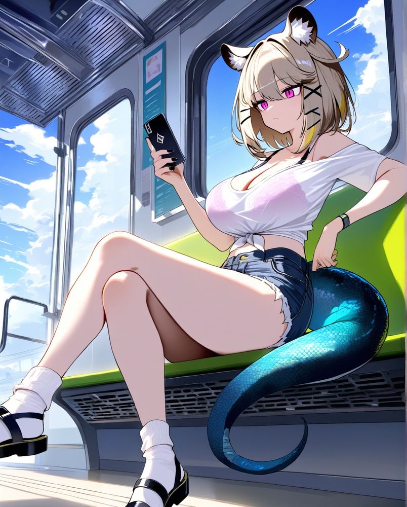 アークナイツのキャラクター　ウタゲ　おっぱいの大きなギャル　電車の椅子でくつろいでスマホを見ている。足のほとんどを出したデニムのショートに肩とヘソを丸出しにした白いシャツを着ている。シャツの下には紫色のブラが透けている