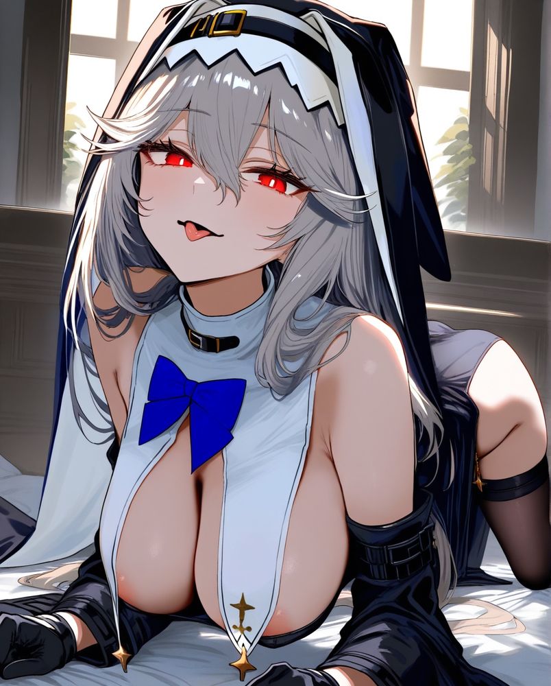 アークナイツのキャラクター　スペクター　銀髪赤目の女性　乳暖簾だけがおっぱいを隠してて、乳首と乳輪が端から見えている。肩を出した分離した袖、グローブ、シスターの帽子という、服。ベッドの上で四つん這いになり、舌を出してこちらを舐め回すように見ている