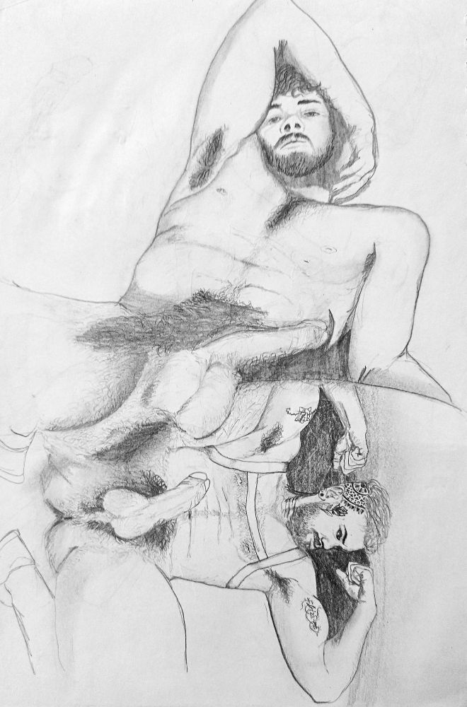Um desenho feito a lápis de dois homens nus, ambos peludos em poses sensuais com seus pais duros