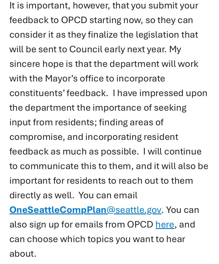 Text of an email message suggesting to send comments to Seattle OPCD. 