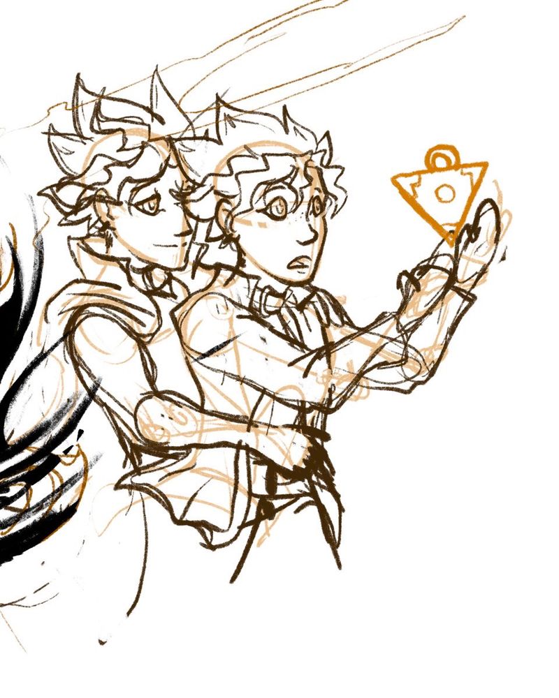 sketch of Yugi, hands before a floating Millenium Puzzle, with Yami behind him. Yugi’s expression is one of wonder, while Yami looks at Yugi with a tender, loving expression 