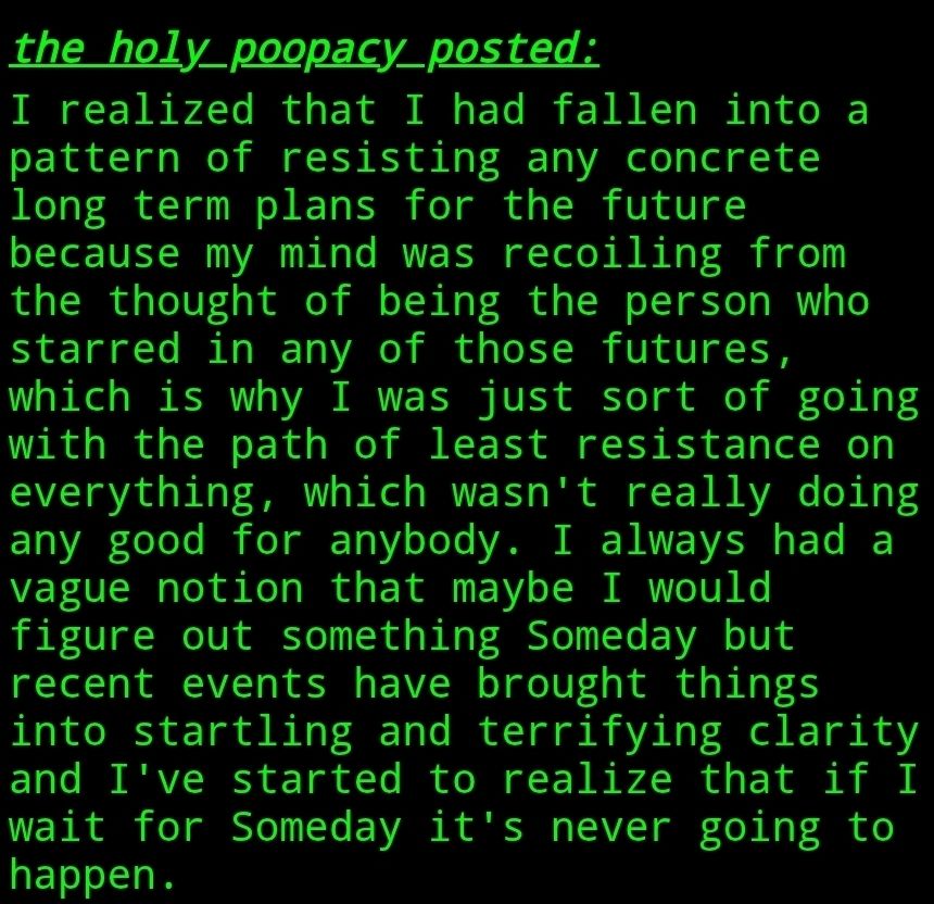 I realized that I had fallen into a pattern of resisting any concrete long term plans for the future because my mind was recoiling from the thought of being the person who starred in any of those futures, which is why I was just sort of going with the path of least resistance on everything, which wasn't really doing any good for anybody. I always had a vague notion that maybe I would figure out something Someday but recent events have brought things into startling and terrifying clarity and I've started to realize that if I wait for Someday it's never going to happen.
