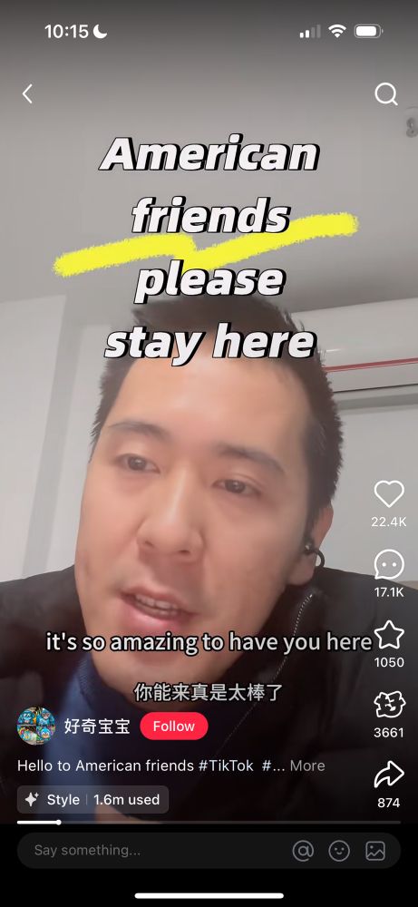 Chinese man on little red note expresses common feeling of joy at new open line of communication between American and Chinese people and hopes we stay.

Banner: American friends please stay here.
Caption: hello to American friends #TikTok.

“It’s amazing to have you here”.