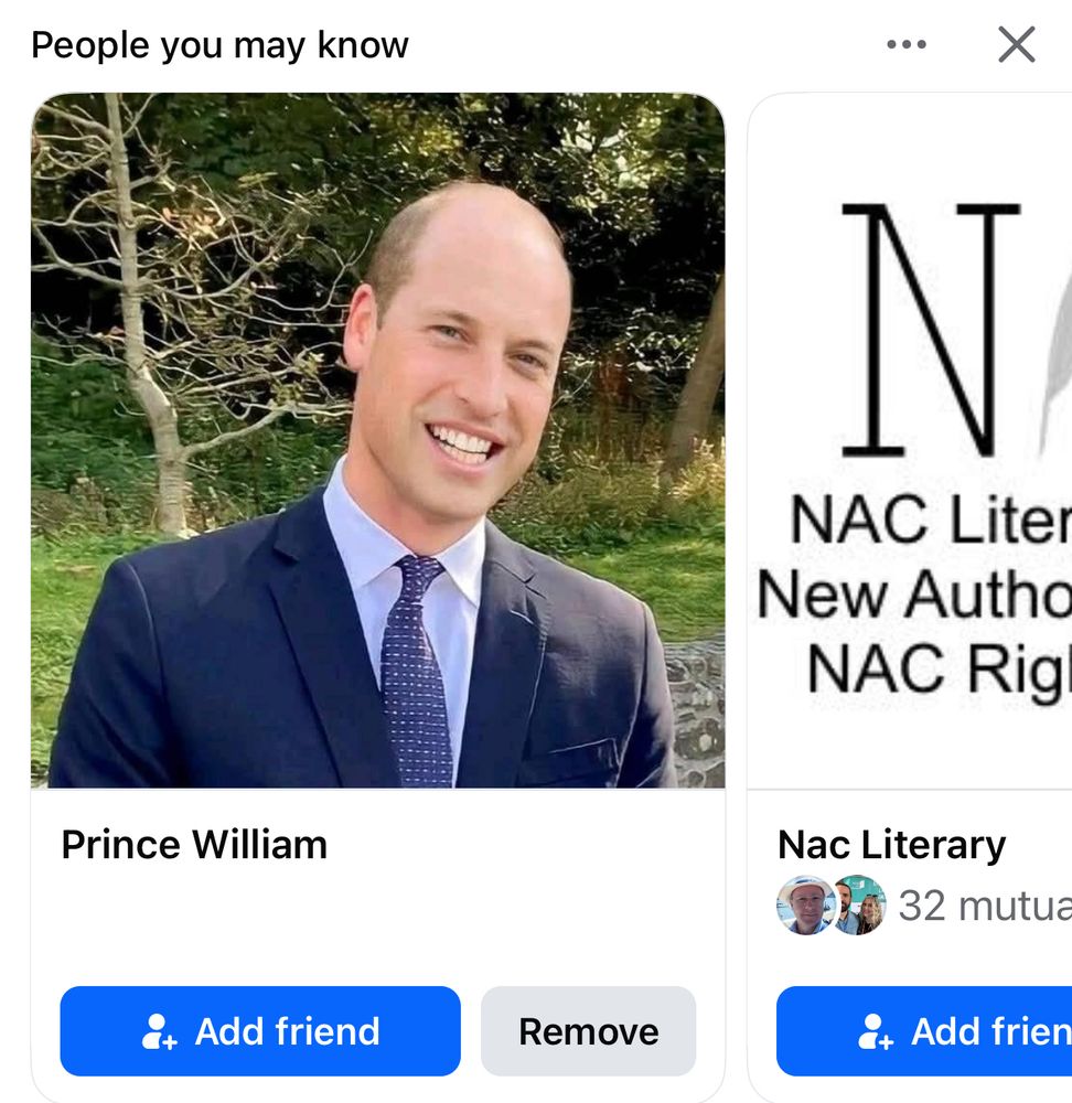 Facebook post. People you may know: Prince William. 