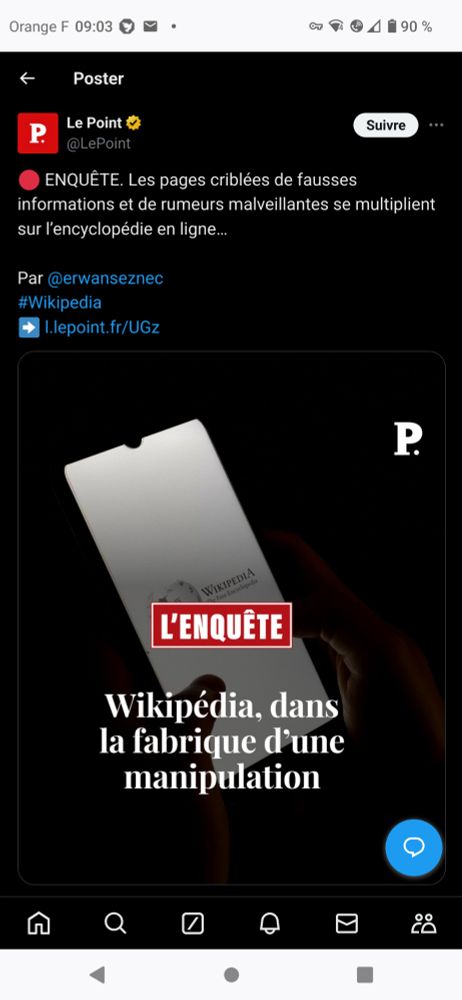 Poster

Conversation

￼

Le Point

@LePoint

￼ ENQUÊTE. Les pages criblées de fausses informations et de rumeurs malveillantes se multiplient sur l’encyclopédie en ligne… Par 

@erwanseznec

#Wikipedia ￼ https://l.lepoint.fr/UGz



Avec une image dont  le texte est "Wikipedia, dans la fabrique d'une manipulation"