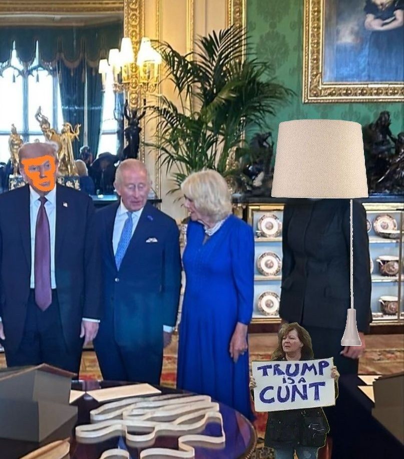 Picture of Charlie, Camilla, the orange criminal & adjudicated rapist, Trump & his wife who has a lampshade on her head. At the bottom of the picture, the late Janey Godley holding a sign with "Trump is a Cunt" on it.