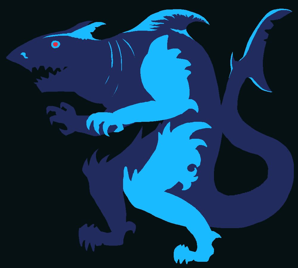 A bipedal creature with sharklike features, hunched over and looking left, only an arm, a leg, and a few small highlights are in the light, the rest are in shadow