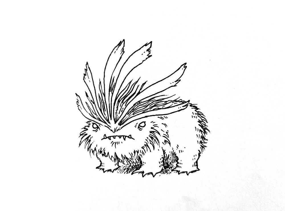 an ink drawing of a short squat shaggy monster with flowing head-plumage