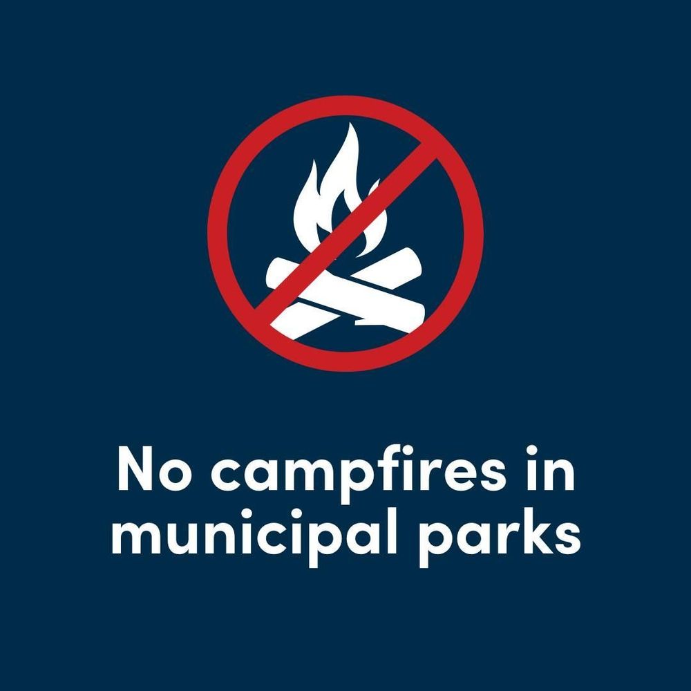 Navy background with a no campfires symbol and the text 