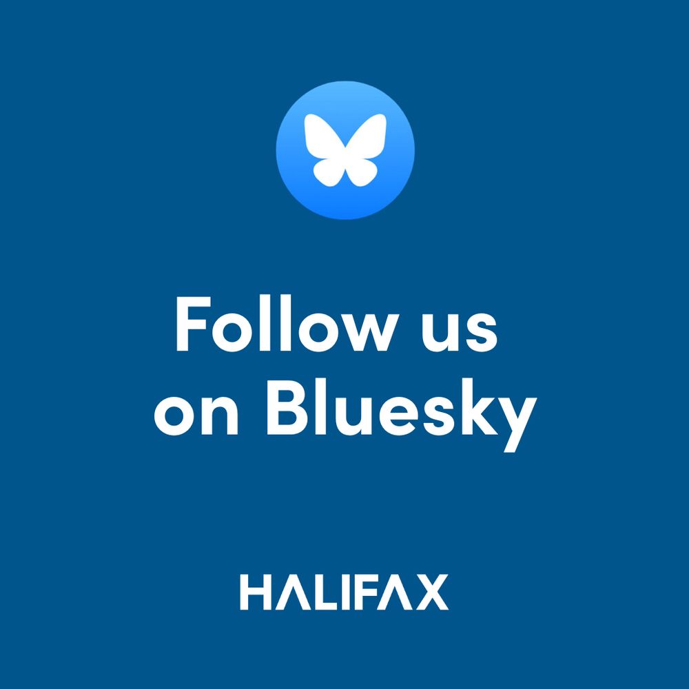 Blue background with the Bluesky logo at the top and the text 'Follow us on Bluesky' with the Halifax logo at the bottom.