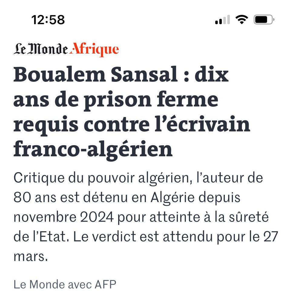 Screen de la dépêche Le Monde AFP annonçant 10 ans de prison pour Boualem Sansal 