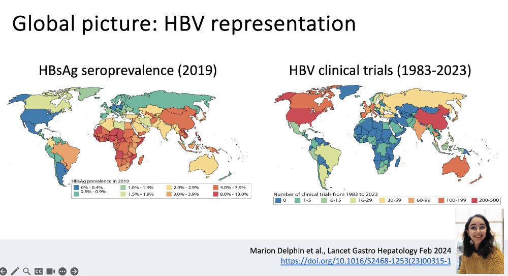 Two maps, first showing the distribution of HBV infection worldwide and then showing the location of clinical trials. Trials are least representative of high burden settings, especially for Africa.