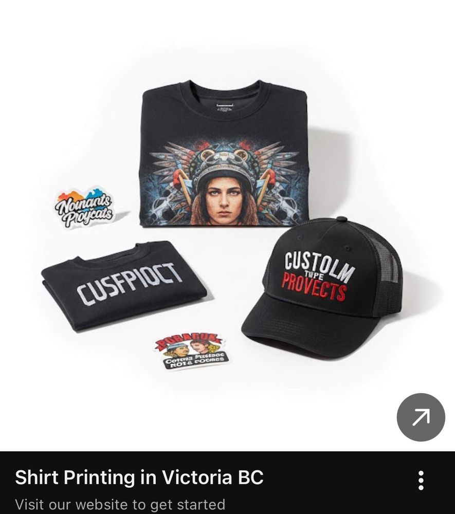 A YouTube ad for “Shirt Printing in Victoria”. The ad shows a sticker that reads “Nounants Proycats”, a folded shirt that reads “Cusfpioct”, a hat that reads “Custolm T[squiggly mark]pe Provects”, another sticker that reads “Poracuk [indecipherable text]”, and a shirt with artwork that is more than likely stolen or terribly produced by AI