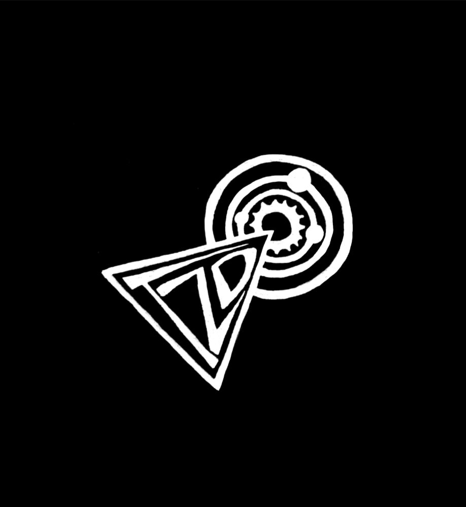 White on a black background: A Vulcan IDIC symbol from Star Trek, hand drawn with a small solar system and 'TZD' inside the triangle.