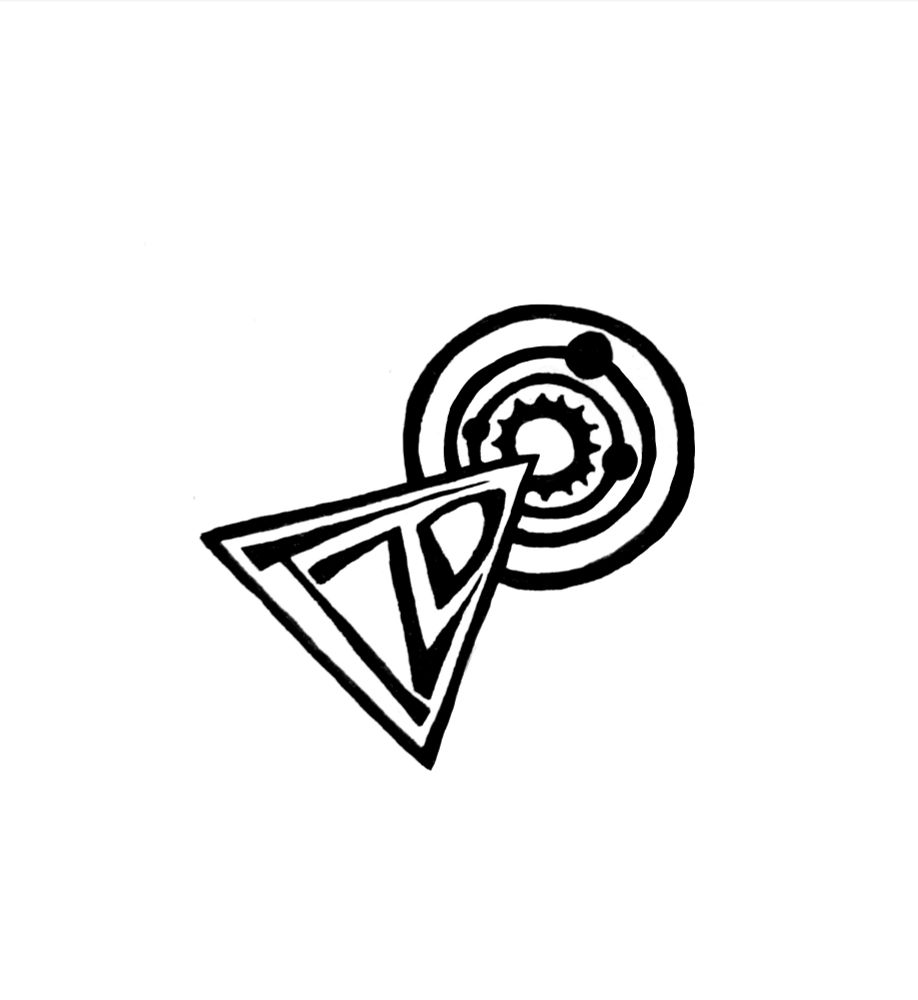 Black on a white background: A Vulcan IDIC symbol from Star Trek, hand drawn with a small solar system and 'TZD' inside the triangle.
