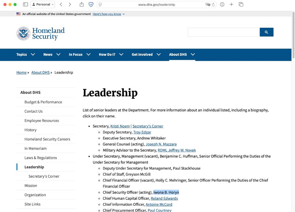 screenshot of the page www.dhs.gov/leadership with Chief Security Officer (acting) Iwona B. Horyn highlighted