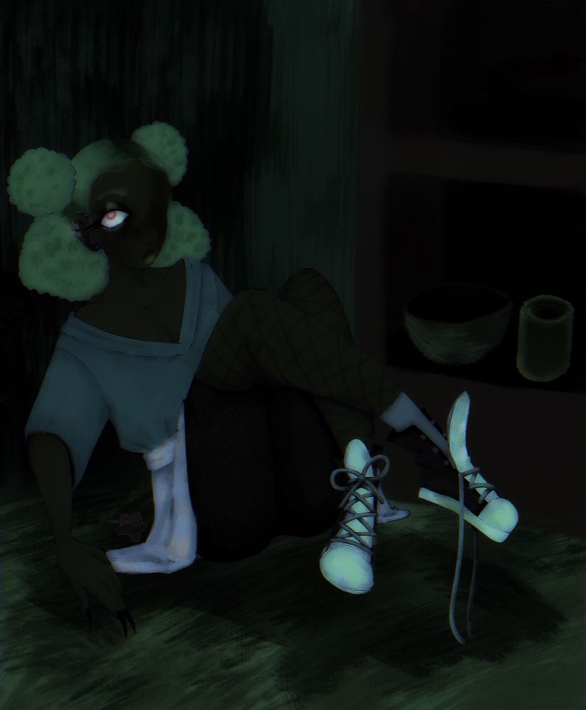 Drawing of a black girl with blonde hair and red eye looking at viewer. She’s sitting in a dark room with a shelf that has a bowl and a vase on it.