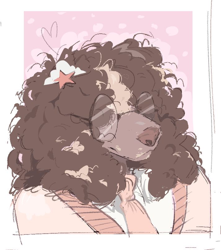 Pastel brown poodle with glasses in a cardigan on pink background. 