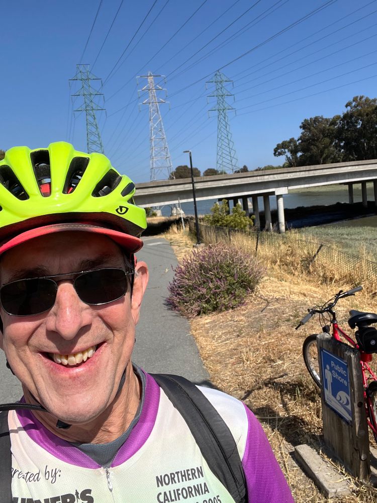 Ron & bike, a mile or so south of the Bayside Park trailhead, as the trail is about to dip under the Anza Blvd bridge.