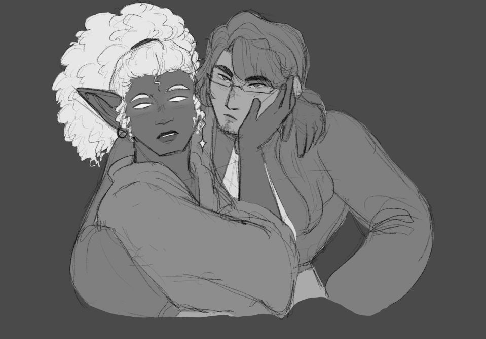 Half body sketch of Ruvaen, an elf, and Gale, a shifter, colored in shades of grey. Gale has an arm around Ruvaen while Ruvaen has an arm around Gale's neck and a hand on his face. They're both staring displeased at the viewer