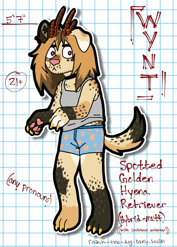 A toony drawing of an anthro furry that is a hybrid mix between a golden retriever and spotted hyena with cockroach antennae. Uses any pronouns. Named “Wynt”.