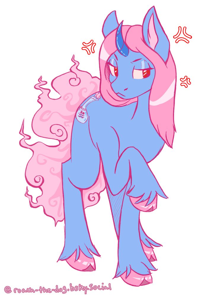 Poster drew an MLP OC for their friend. Pony is a blue unicorn with pink straight hair and a pink smoke tail. There is also a… “water pipe” with a swimming motif as the cutie mark.