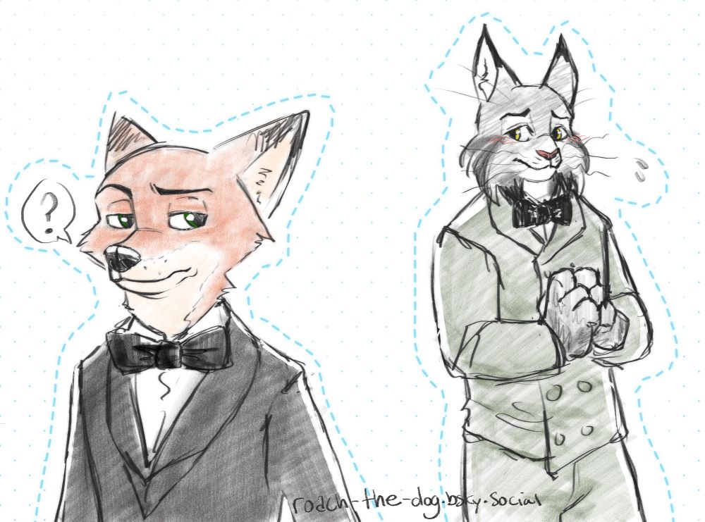 Nick Wilde and Pawbert Lynxley from Zootopia 2 at the Zootennial Gala. Pawbert is in the background blushing as he steals glances at Nick, and Nick kind of notices and there is just a “?” By his head about it. 